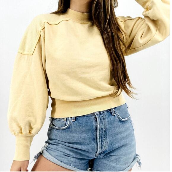 Free People Tops - Free people balloon sleeve pullover sweatshirt 100% cotton boho butter yellow L
